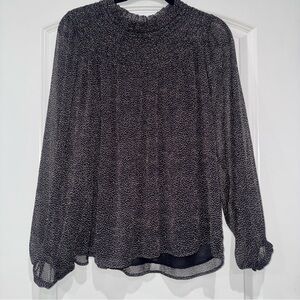 Loft Brown Dotted Smocked Yoke Long Sleeve Blouse Women Size Small Lightweight